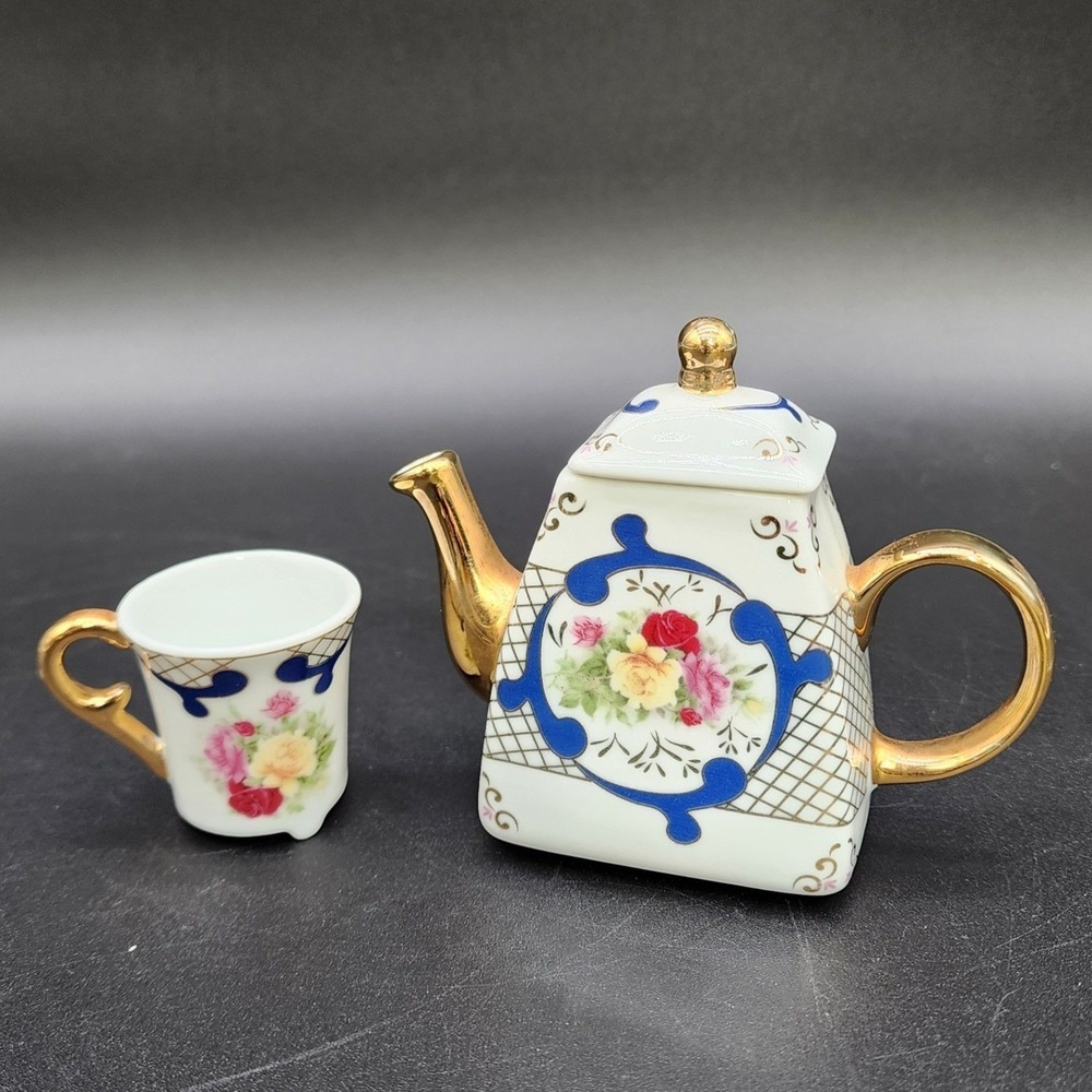 Imperial Porcelain Miniature White Floral Tea Set Gold Trim Teapot Cup 2pc